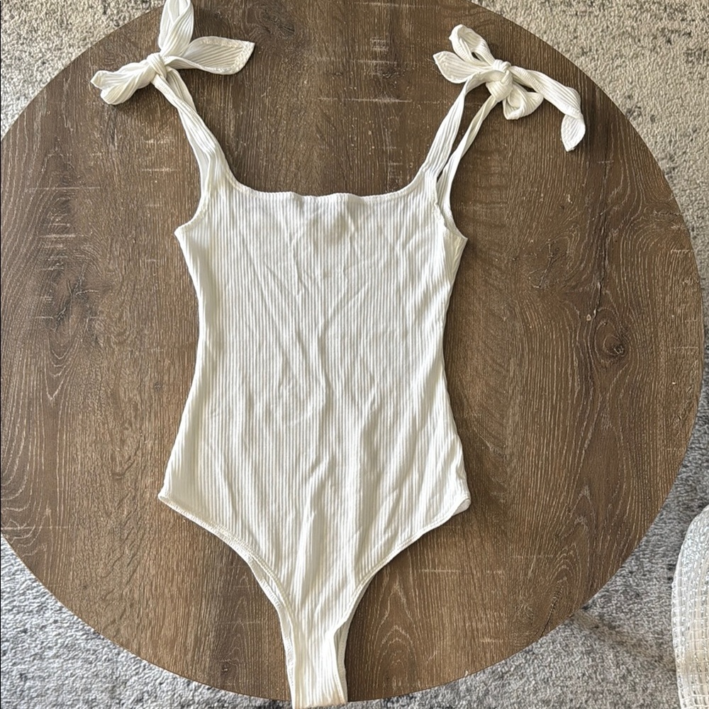 Reformation Ribbed Bodysuit with Tie Straps, Size XS